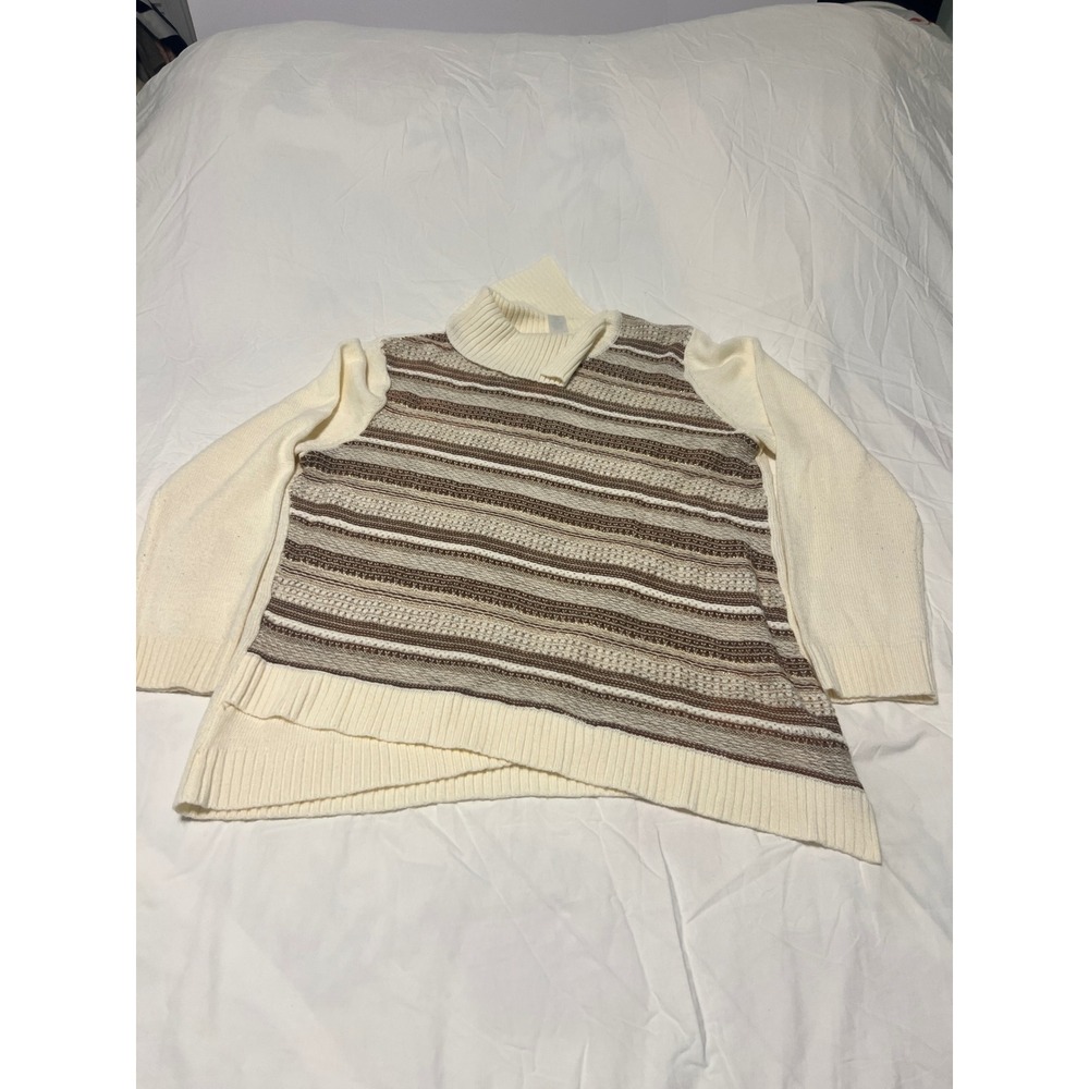 Alfred Dunner Womens XL Cream Brown Striped Split Turtleneck Crossover Sweater